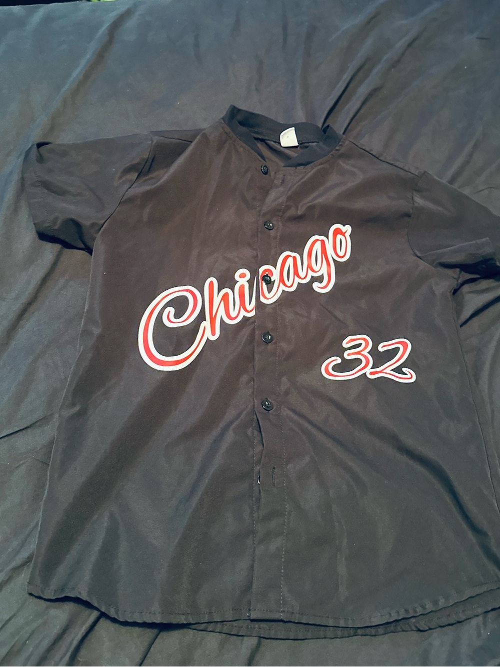 SHEIN Black Chicago Script Baseball Jersey with Red & White Trim